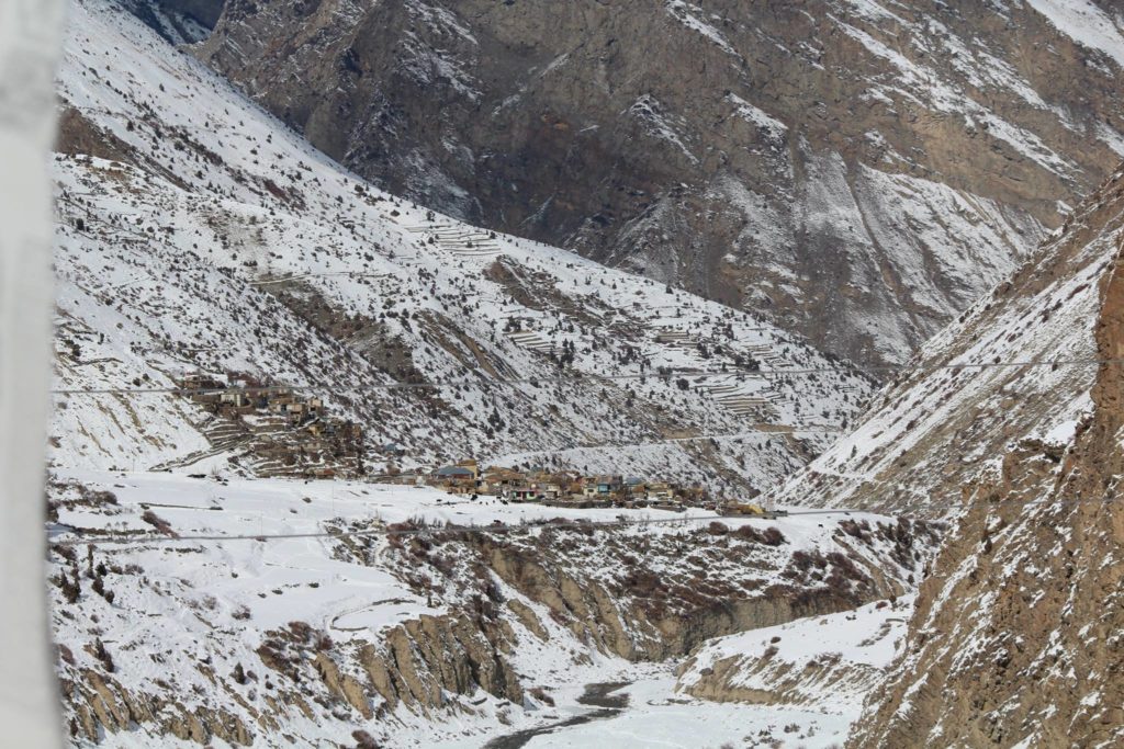 snow covered Charang village of Tidong valley in Kinnaur