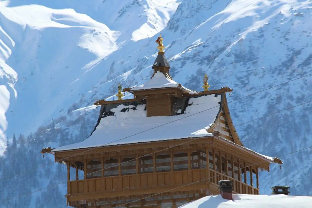 Snow covered roof of Chini temple of Kalpa village of Kinnaur