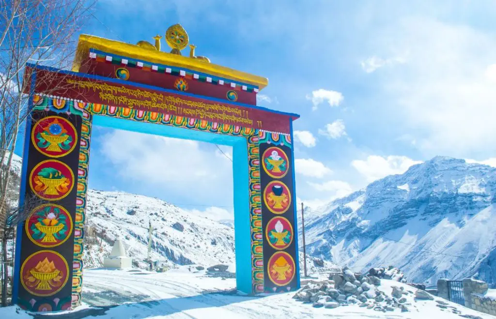 Dhankar monastery entrance painted in thangka style