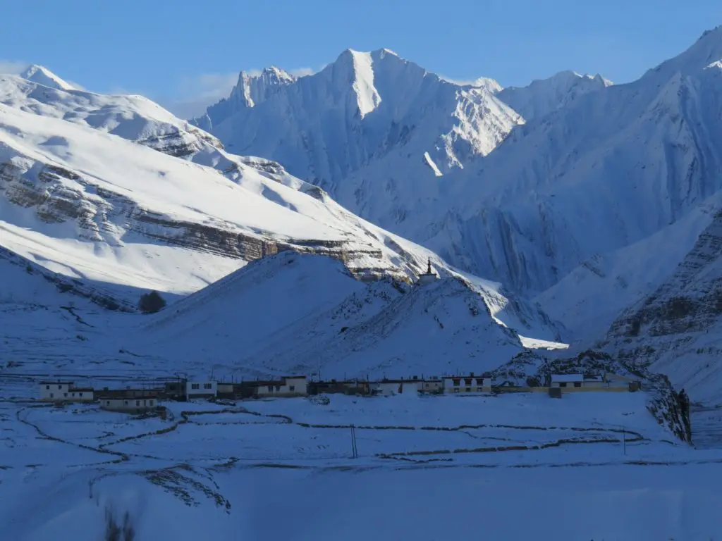 Sagnam village of Pin valley overshadowed by the mountain range of the Greater Himalaya