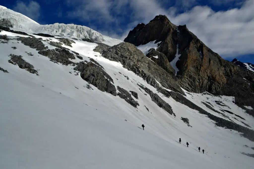 Climbing over a glacier to the basecamp of Lamkhaga 