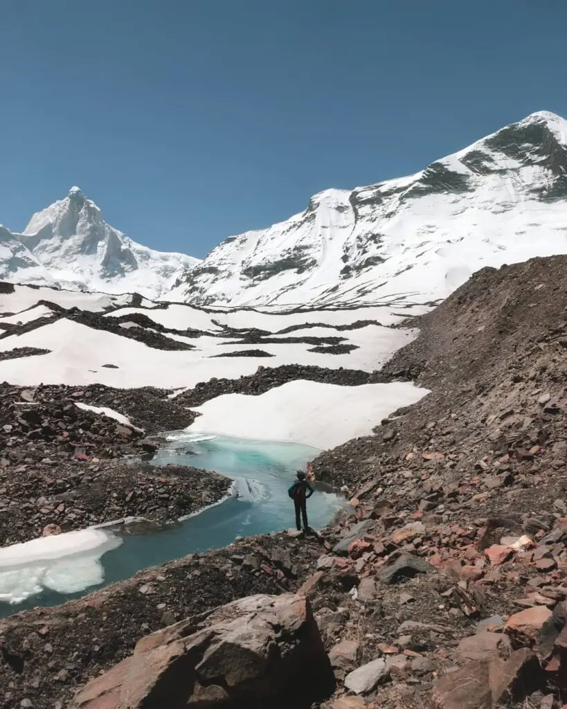 Glacial lake just before the final ascent of Kedar Tal. Glacial lake just before the final ascent of Kedar Tal.