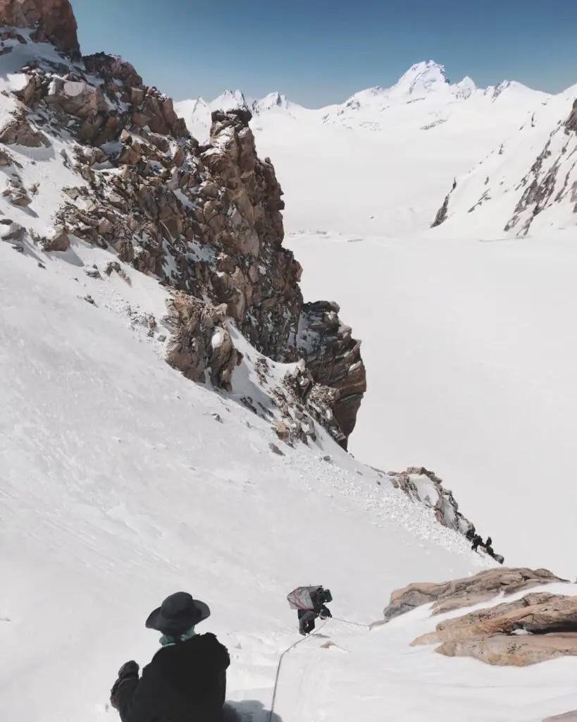 Descending Auden's Col. Rappelling down from Auden's Col