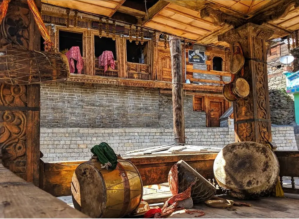Indigenous musical instruments at Kamru temple courtyard