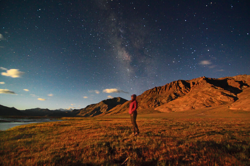 Fading Milkyway against a moon rise on the shore of Tso Moriri lake