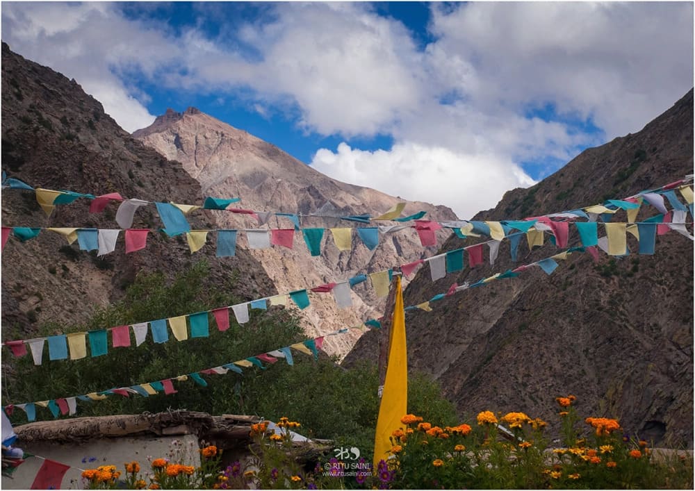 Buddhist prayer flags in Charang monastery of Kinnaur