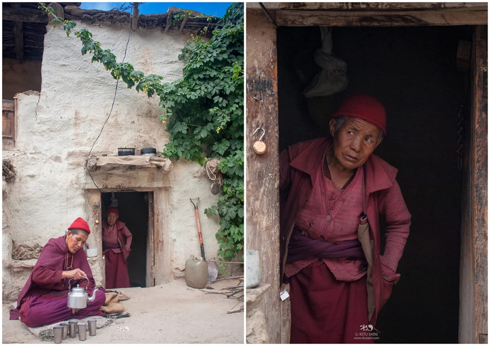 Budhhist nun (or Jomo) serving salt tea at Charang monastery