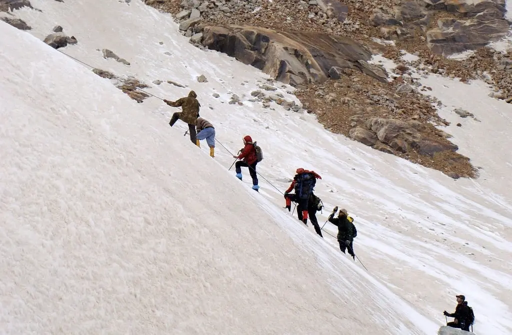 Climbing a glacier slope below Lamkhaga pass