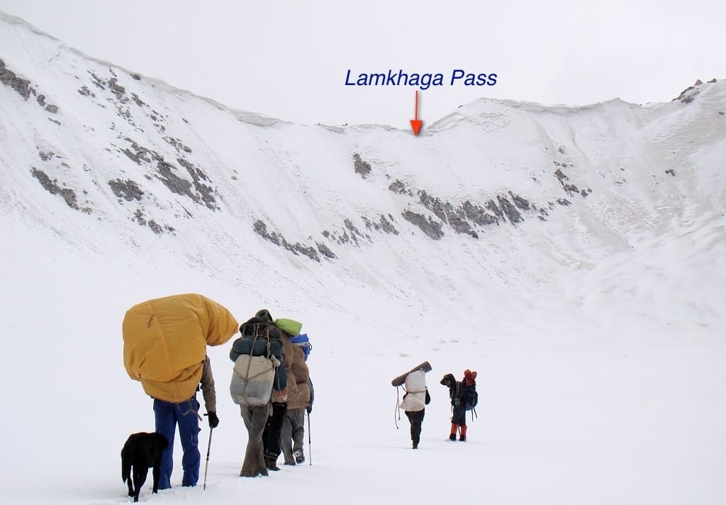 Trekkers walking the Lamkhaga corrie