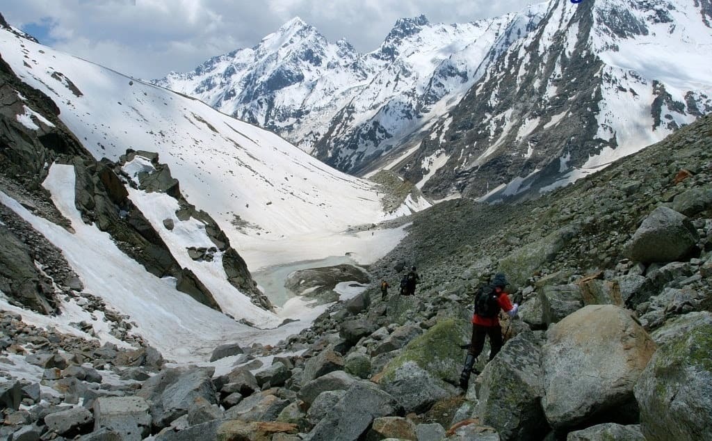 Walking down the medial moraine of Lamkhaga pass
