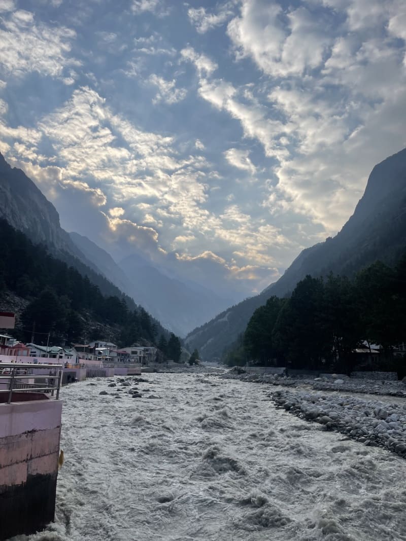 Muddy waters of Bhagirathi river flowing by Gangotri town
