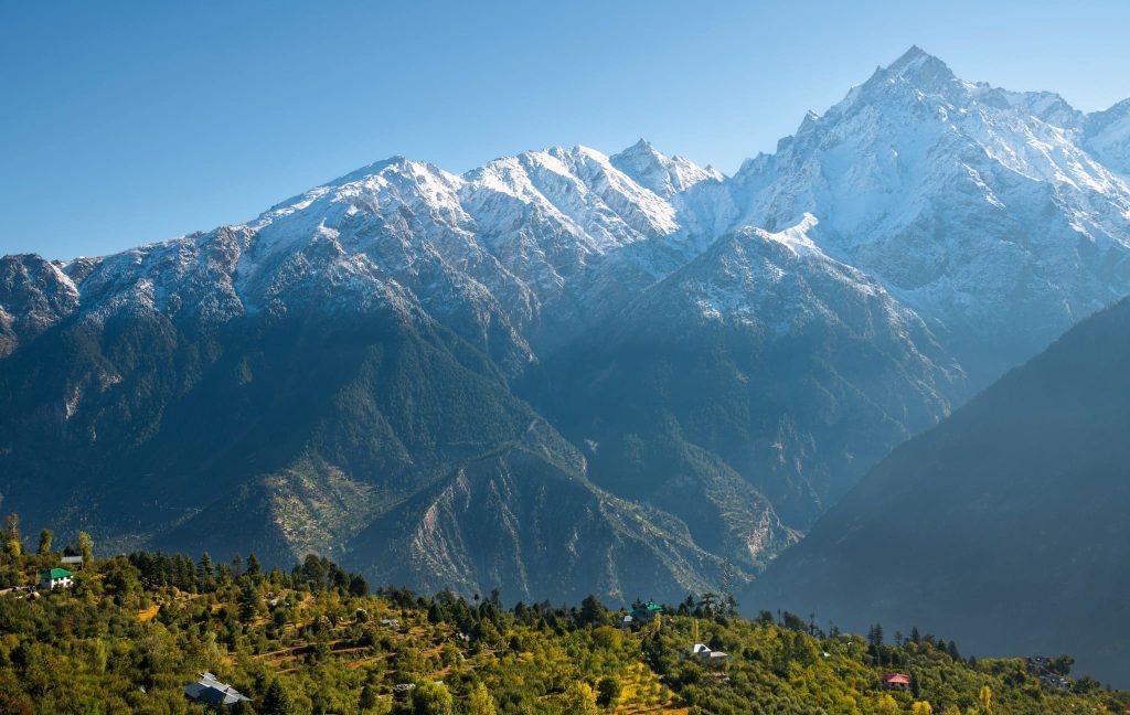 Apple orchards of Kalpa village, overshadowed by Kinner Kailash peaks of Kinnaur